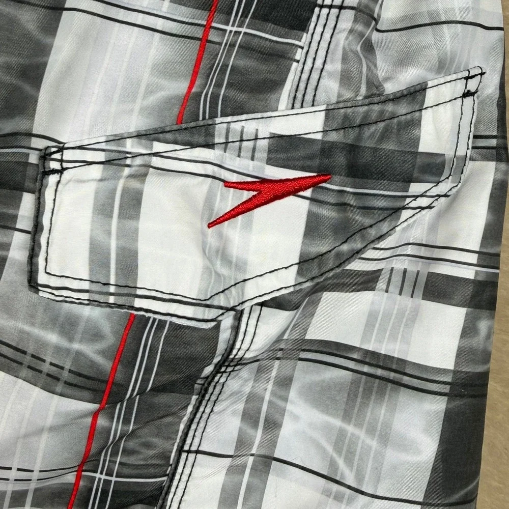 Speedo Mens Large Plaid Board Shorts‎ Black White Red Swim Trunks Mesh Lined